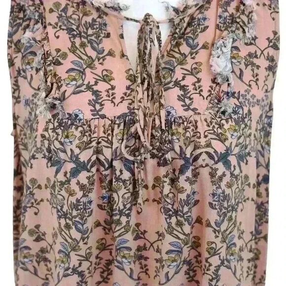 PLEIONE Plise Sleeveless Peach Floral Blouse Tie Neck Frayed Edges Size Medium - Picture 6 of 8
